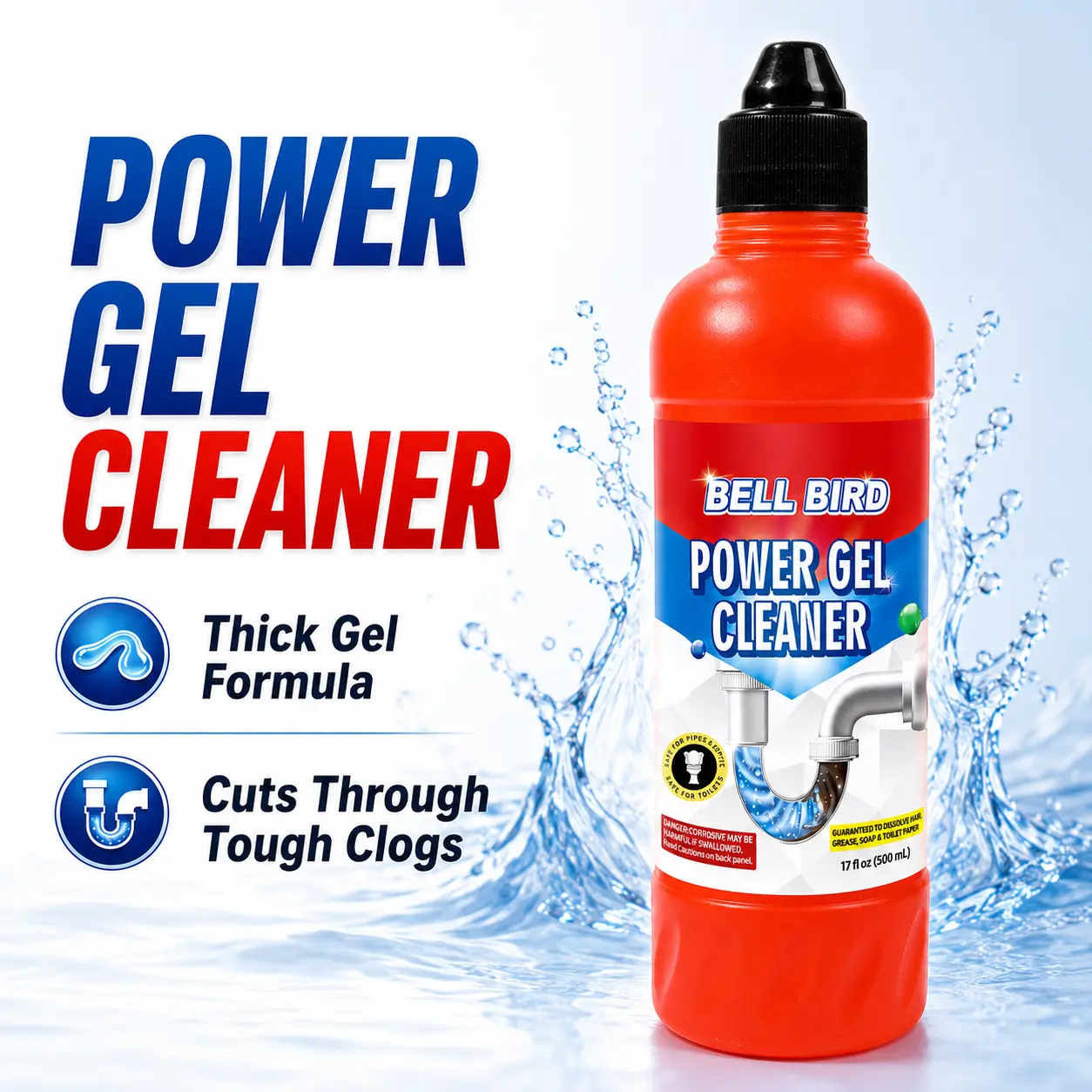 Bell Bird Drain Clog Remover & Pipe Cleaner - Thick Power Gel Dissolves Hair, Grease, and Soap Scum - Septic Safe Odor Eliminator for Kitchen Sinks, Tubs, Showers & Toilets (Pack of 1) Pipe Cleaning Agent,dorm essentials,home essentials