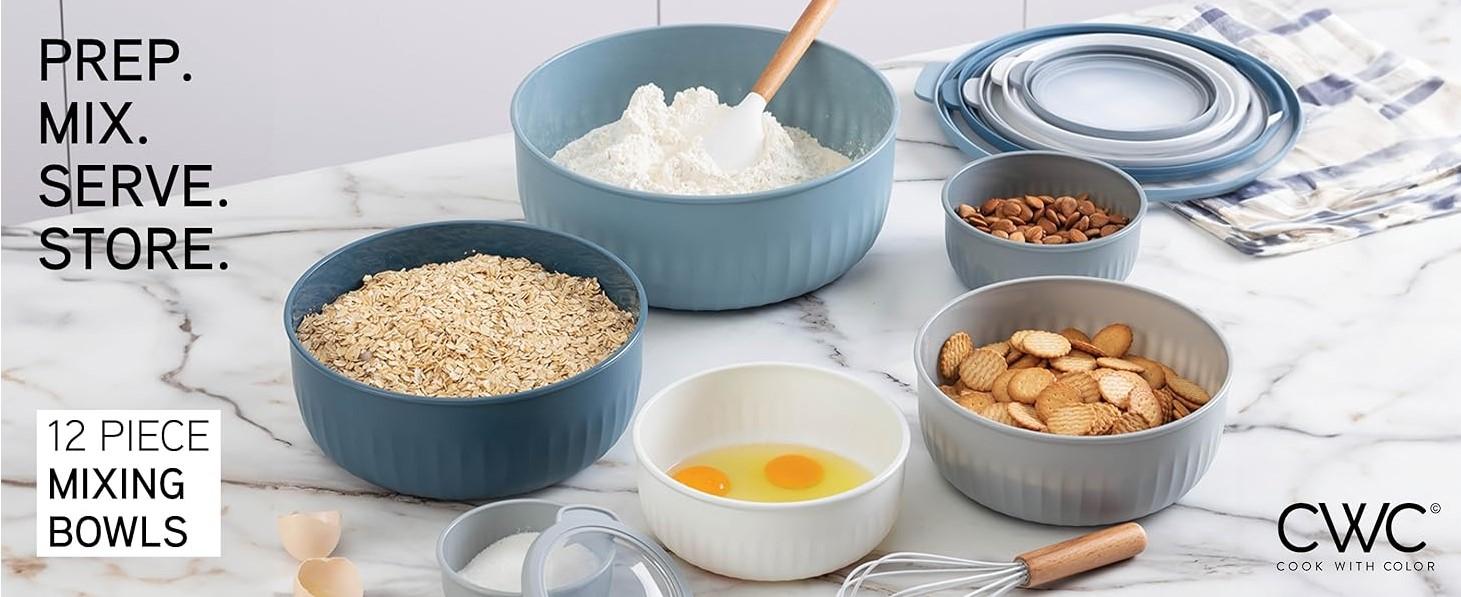 COOK WITH COLOR Prep Bowls with Lids- Wide Mixing Bowls for Kitchen Tableware, Sturdy Plastic Nesting Mixing Bowl 12 Piece Set with Lids. Multicolored
