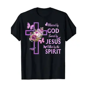 Summer t Shirts Blessed by God Saved by Jesus Purple Floral Cross Christian 220G 100% Cotton T-Shirt