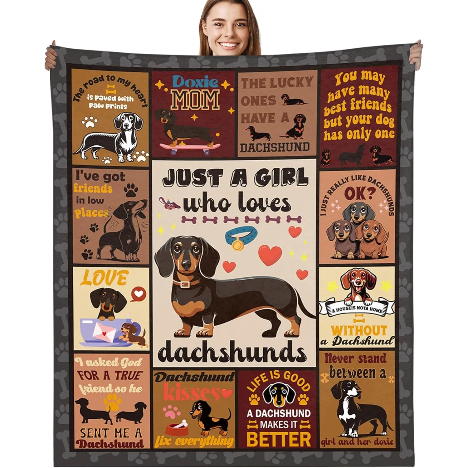 50"x60" Dachshund Themed Soft Cozy Flannel Throw Blanket for Women, Whimsical Home House Room Decor Gift for Doxie Weiner Dog Lovers