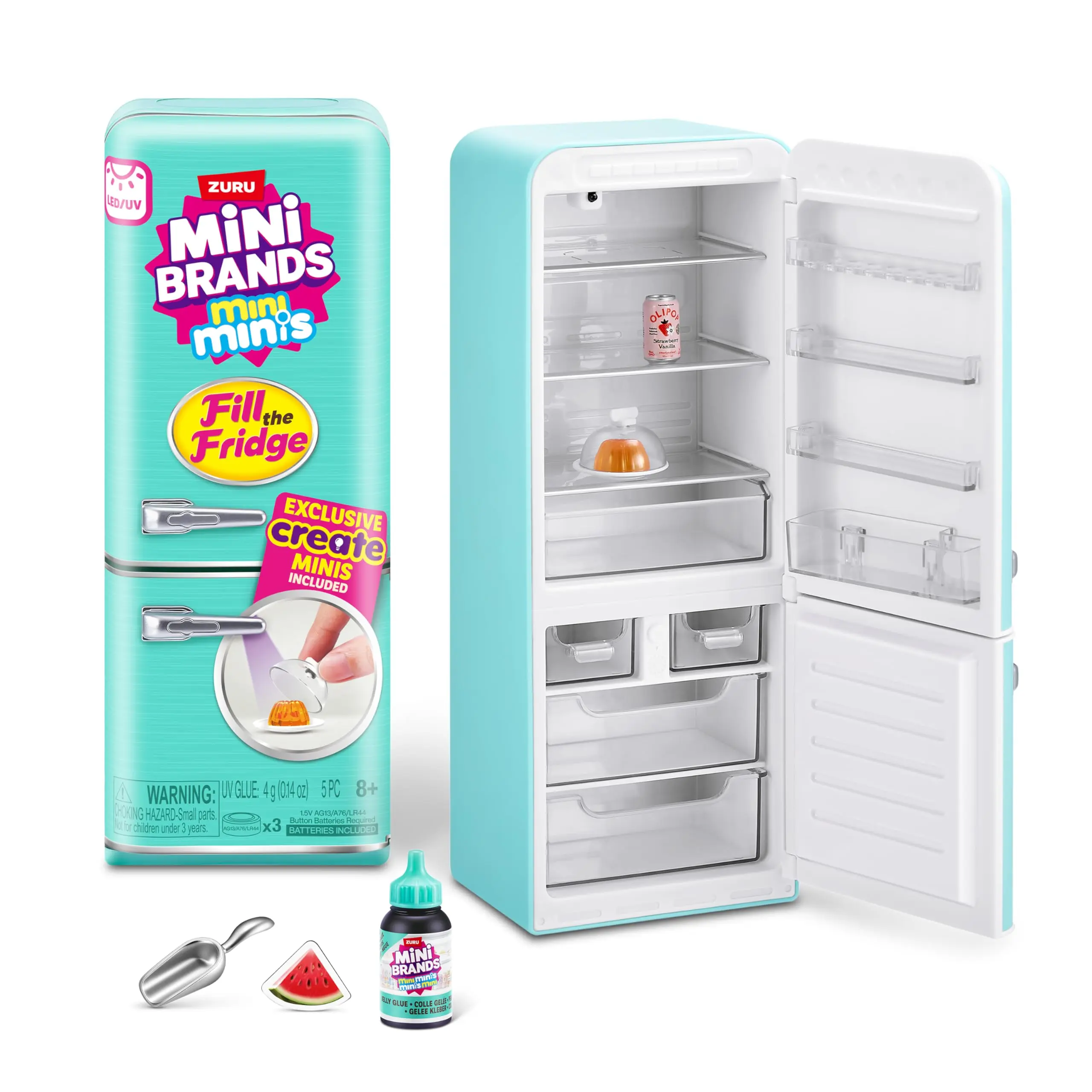 ZURU Mini Brands Fill The Fridge Playset - Miniature Collectibles, UV Light, UV Surprise Play, DIY Resin Play, Exclusive Recipe Book, Non-Edible, Alkaline Batteries Included, Ages 8+, Uv Glow Reveal