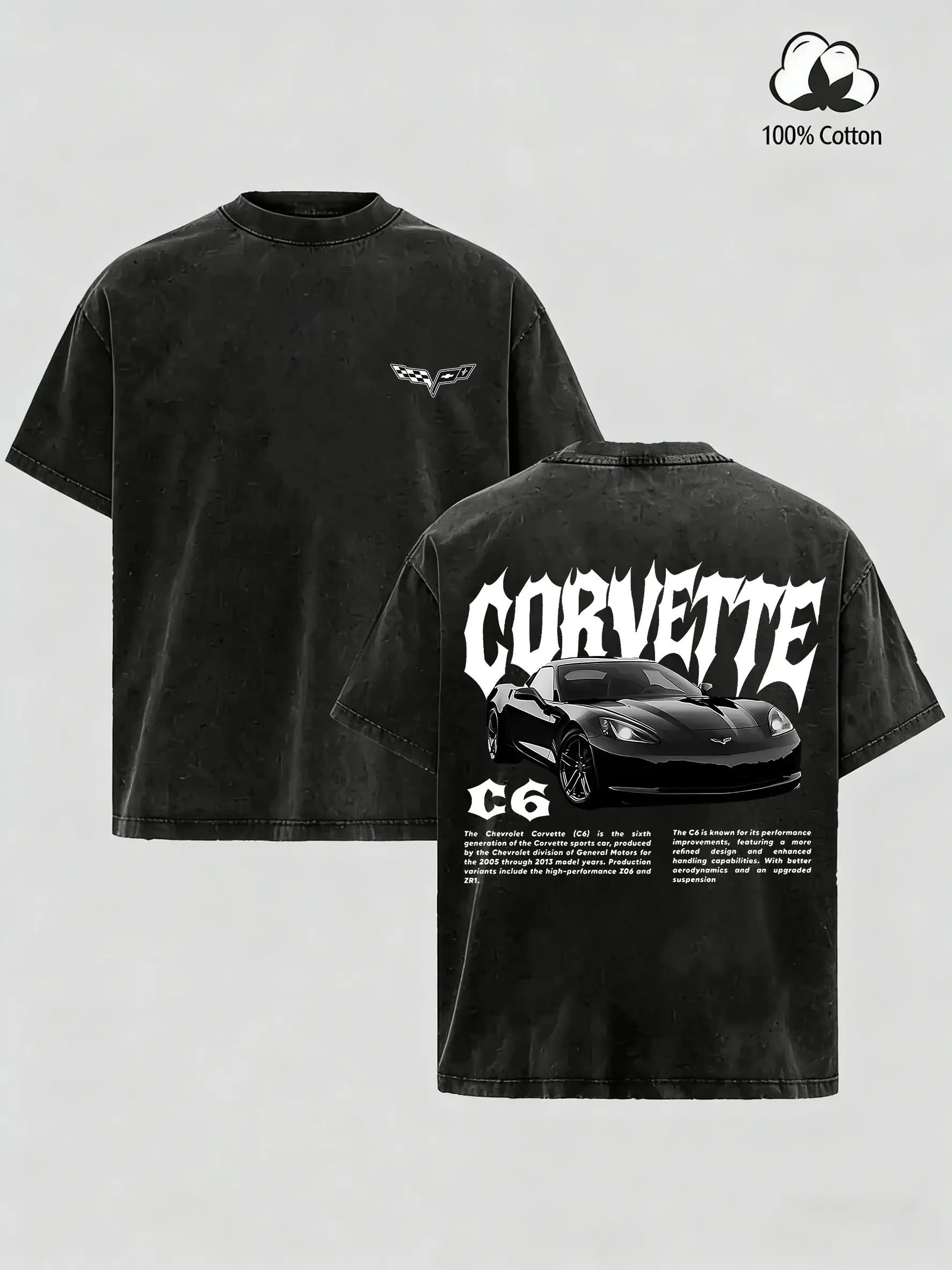 Men's Oversized Graphic T-Shirt - Retro Vintage Washed Corvette C6 Print, Soft Cotton Fabric, Casual Streetwear Tops, Men's Clothing, Gifts for Boyfriend