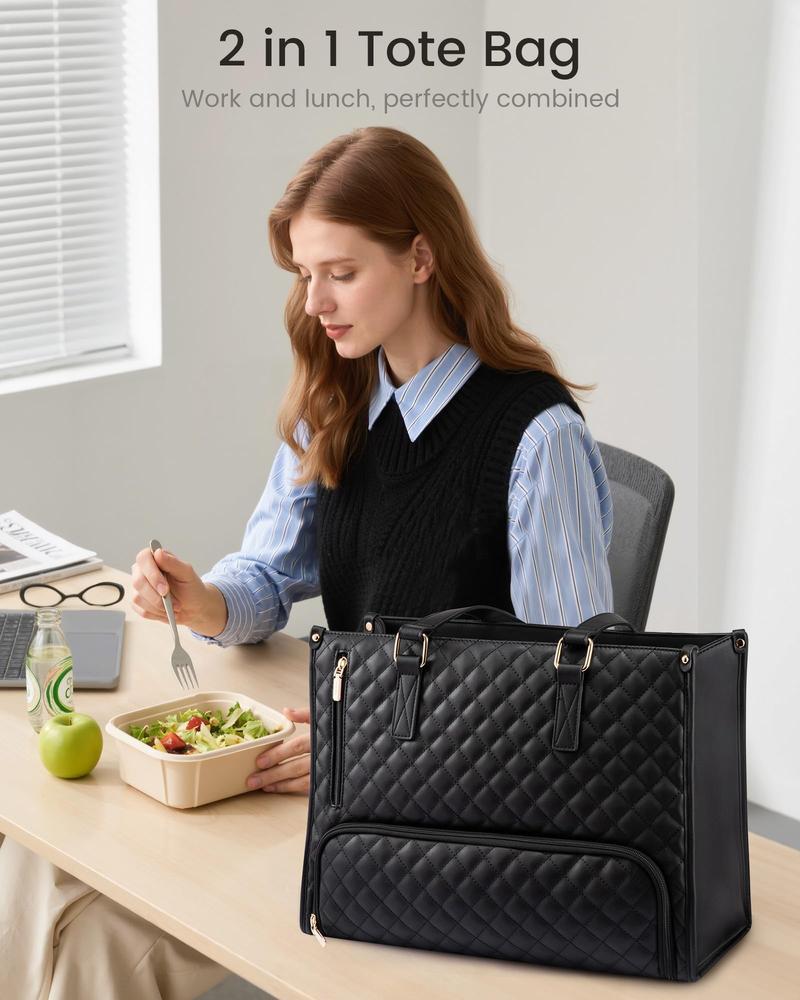 Large Women's Lunch Bags with Insulated Compartment 15.6" Laptop Tote Bag with Leakproof Lunch Box Pocket Work Bag Handbag Black Quilted Design Travel Essentials