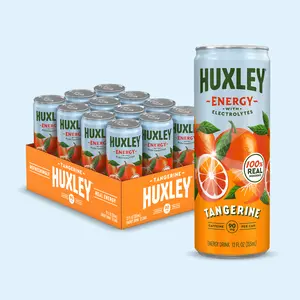 Huxley Tangerine Natural Energy Drink - 90mg Natural Caffeine, Real Fruit Juice, Low Sugar, Electrolytes, No Artificial Ingredients - 12 Pack