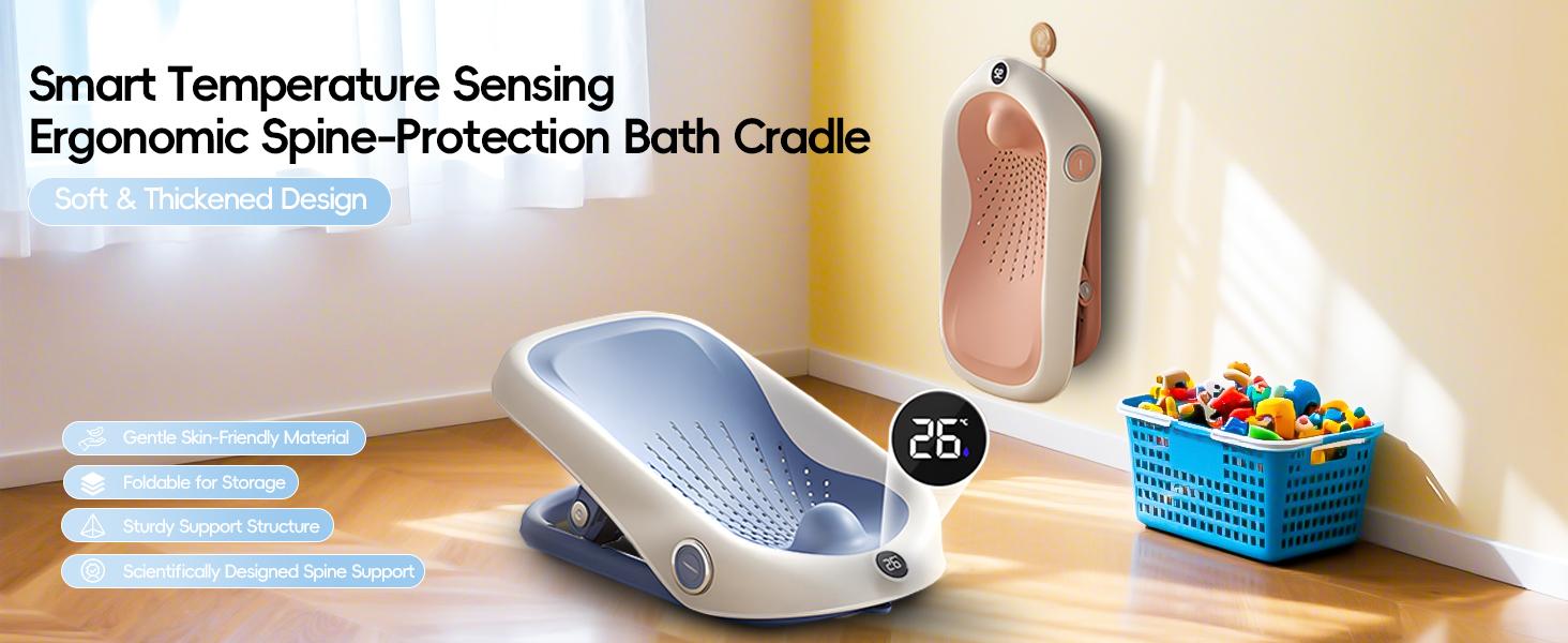 Ultra-Soft Baby Bath Support Newborn Bathtub with Smart Digital Thermometer Adjustable Ergonomic Non-Slip Spine-Support Infant Tubs for Bathtub Sink Bathroom Collapsible with Temperature Sensing Folding portable collapsable Baby Bath Tub Waterfall