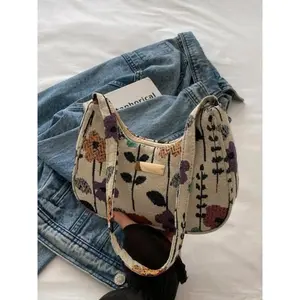 Fashion Multifunctional Solid Color Floral Print Shoulder Bag, Casual Simple French Long Bread Shape Small Square Handbag, Fashionable Shoulder Bag
