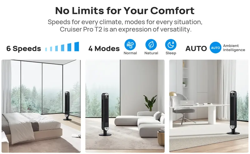 Product Introduction of Dreo Tower Fan for Bedroom, 42 Inch Bladeless Fan, 24ft/s High Velocity, 6 Speeds, 4 Modes, 90° Oscillating with Remote, Large LED Display, 12H Timer, 34db Quiet Floor Fans for Home Living Room Office appliances device 17
