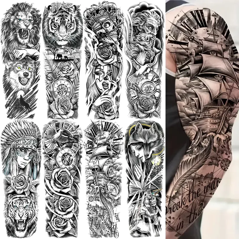8 Sheets Full Arm Temporary Tattoo Stickers, Lion Tiger Wolf Skull Rose Watch Goddess Ship Pirate Compass Design, Waterproof Realistic Body Art, Sticker Tattoos