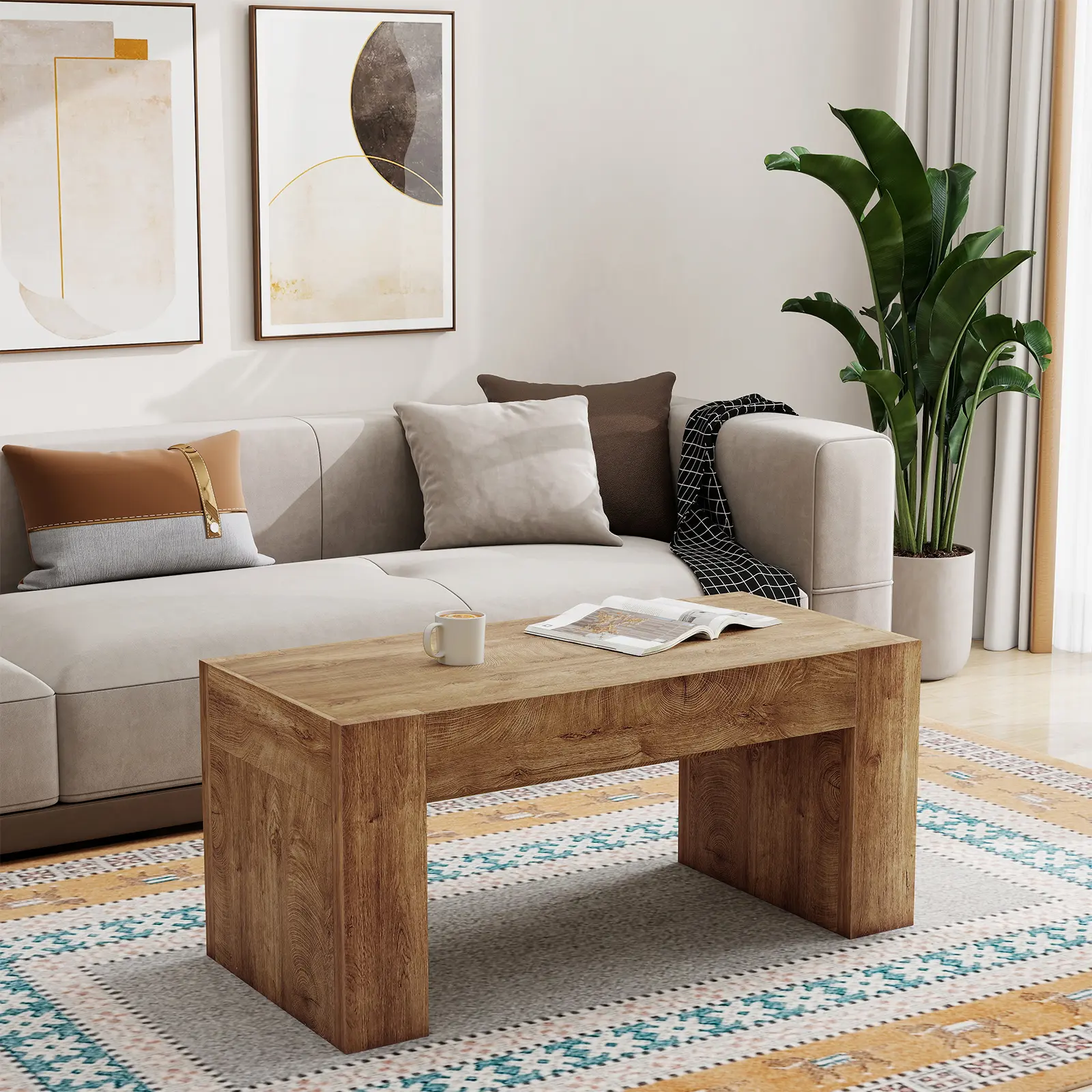 Bellemave 48in L x 22in D x 22in H Rustic Farmhouse Accent Coffee Table, Thick Rectangular Modern Wooden Center Table with Hidden Drawers, 100-lb Capacity Reinforced Stable Piece, Assembly Required for Living Room, Natural Wood Color Sturdy Base, Farmhous