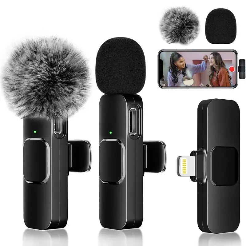 2 pcs Wireless Lavalier Microphones for iPhone Android iPad Mini Clip-on Crystal Clear Sound for Recording Live Streaming Vlog Comfortable Work Sport Microphone