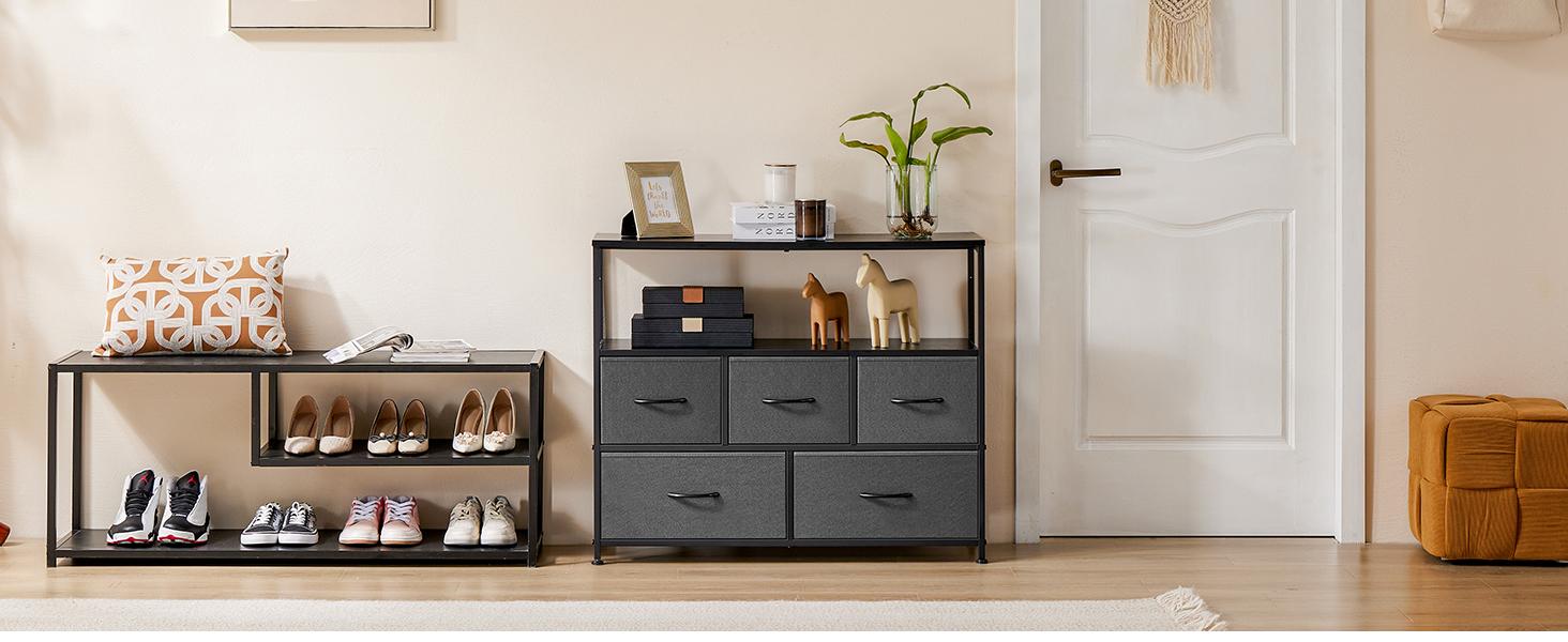 Dresser TV Stand with 5 Fabric Drawers, Media Console Table Entertainment Center with Open Storage Shelf Dresser for Bedroom/Living Room/Hallway Dresser TV Stand with 5 Fabric Drawers, Media Console Table Entertainment Center with Open Storage Shelf Dresser for Bedroom/Living Room/Hallway