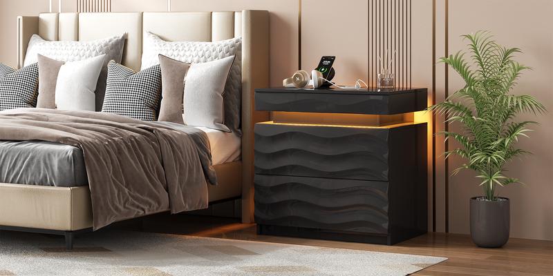 MIUvanity Large Nightstand with Wireless Charging Station, Auto Sensor 3 Color Dimmable Night Stand, Modern Bedside Table ,With Drawers for Bedroom，Dresser, End Table, Bedside Table, Bedroom Furniture for Living Room,LED Nightstand