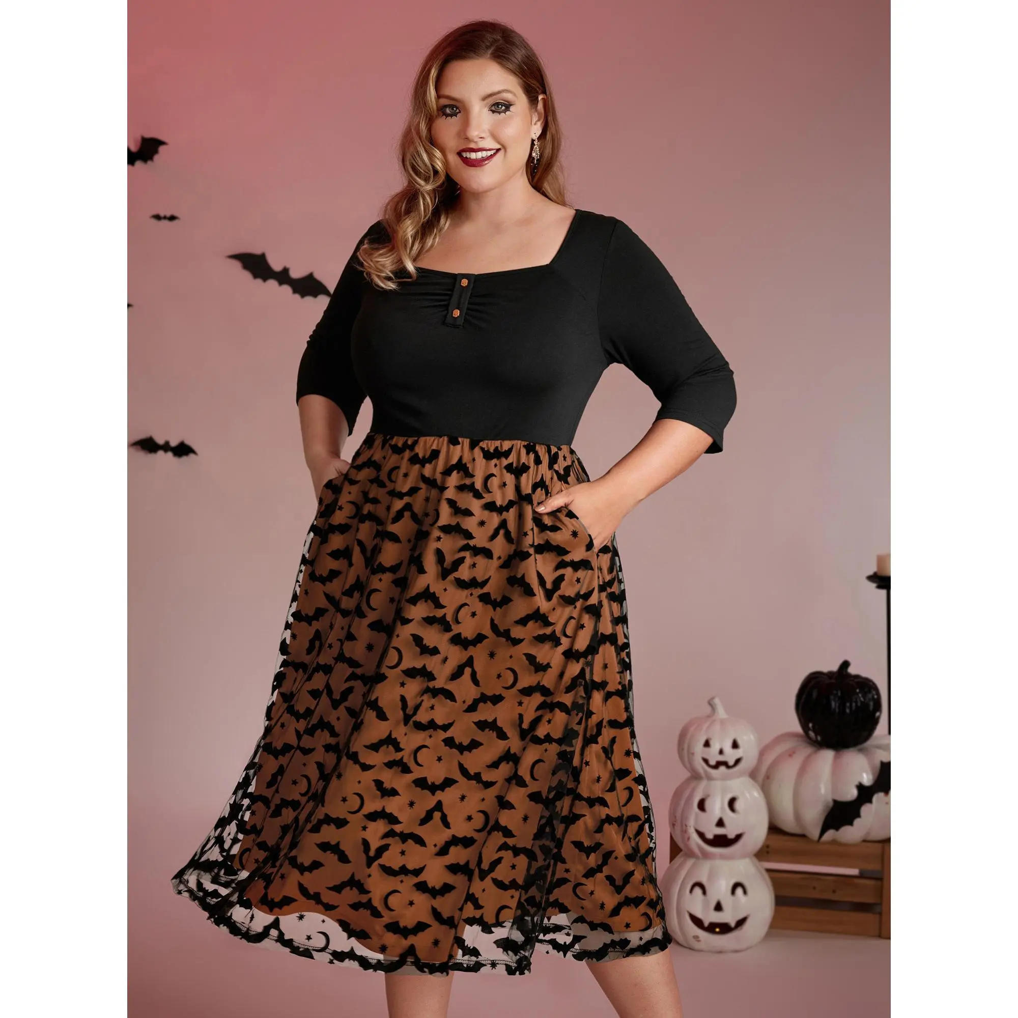 【Pocket Approved】BLOOMCHIC Plus Size Halloween Maxi Dress - Bat Print Sheer Long Sleeve Dress with Pockets, Flowy Casual Fall Outfit for Women,Summerfinds, Spandex, Nylon