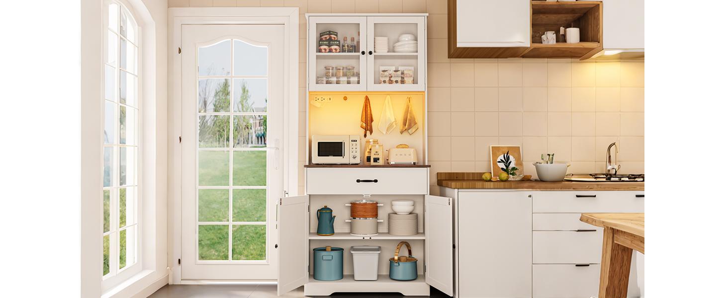 Gizoon 71" H Storage Cabinet with LED Lights, Modern Kitchen Pantry Cabinet with Doors and Drawers, White Hutch with Power Strip and Round Hooks, for Coffee Bar, Dining Room, Tabletop-Retro lead rgb light Controllable LED Tall Fabric Storage Dresser Tower