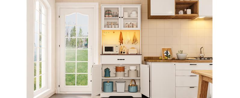 Gizoon 71" H Storage Cabinet with LED Lights, Modern Kitchen Pantry Cabinet with Doors and Drawers, White Hutch with Power Strip and Round Hooks, for Coffee Bar, Dining Room, Tabletop-Retro lead rgb light Controllable LED Tall Fabric Storage Dresser Tower