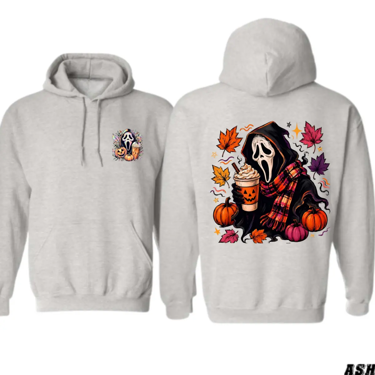 Spooky Season Coffee Hoodie – Ghost Mask Holding Pumpkin Spice Latte, Autumn Pumpkin and Fall Leaves Design, Comfortable Unisex Hoodie, Halloween Apparel for Everyday Wear