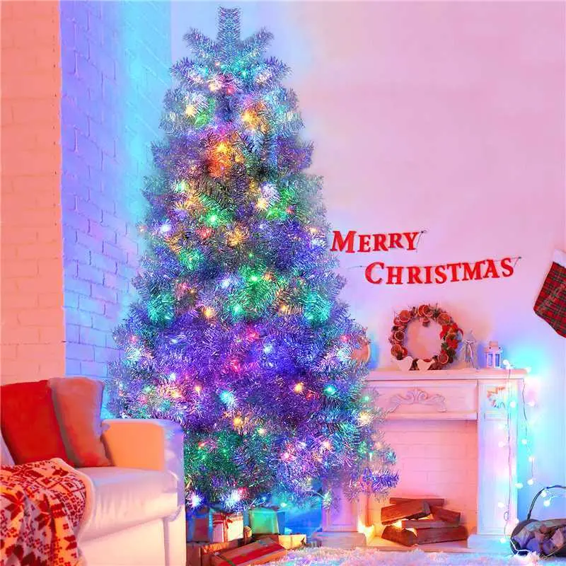 7.4FT Metallic Silver Pre-Lit Fluffy Artificial Christmas Tree with Triangle Top, Hinged Full Design, Metal Stand, 1200 Branch Tips, 400 LED Lights, 11 Lighting Modes, Magical Holiday Decoration for Indoor/Outdoor Use (Fits Ornaments)
