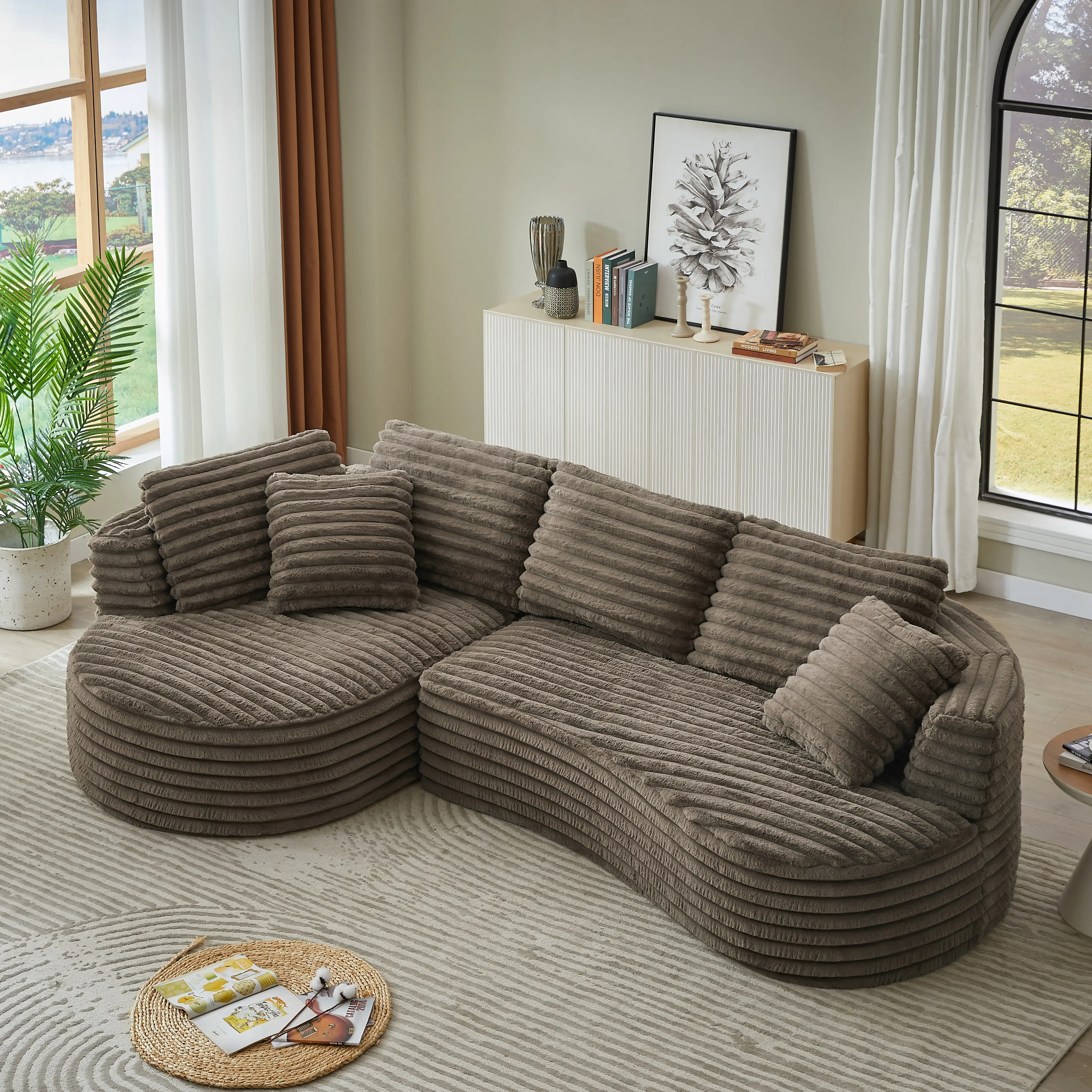 Luxury Curved L-Shape Convertible Sectional Sofa Bed - Modern Corduroy Oversized Sleeper Couch, Segmented, Tufted Surface, Fully Assembled for Living Room, Office Reception