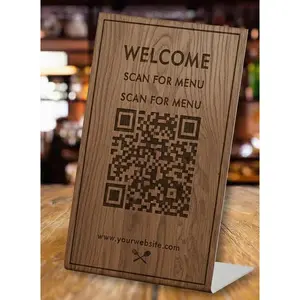 Custom QR Code Sign for Business - Engraved Wood Menu & Google Review Stand - Restaurant Table Top Display - Scan to Pay - Social Media Sign