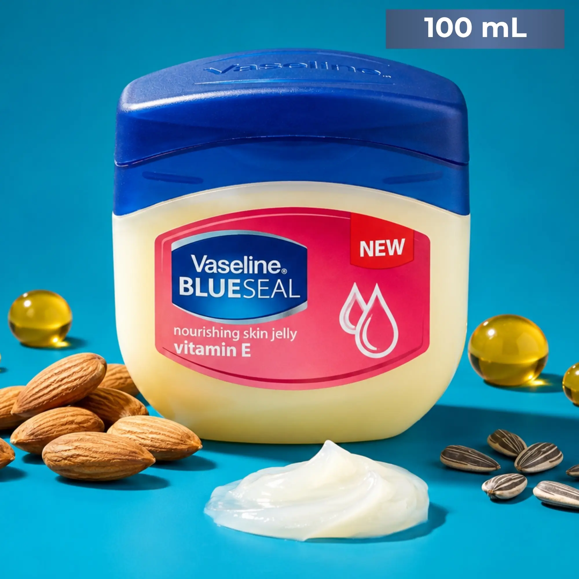Vaseline Blue Seal Vitamin E Nourishing Petroleum Jelly Balm (100mL/3.4oz) - Gentle, Sensitive Skin Daily Moisturizer for Deep Hydration, Dry Skin Relief, Smooth Body Face Lip Care, Face & Body, All Types