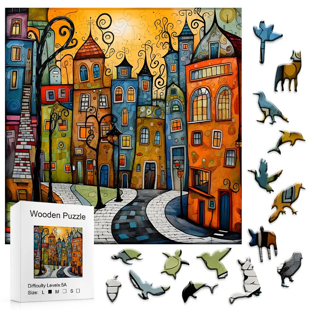 Whimsical Colorful Town Wooden Puzzle 5A Difficulty Artistic Cityscape Jigsaw for Kids & Adults Unique Design, Jigsaw Wooden Jigsaws, Puzzle Wooden Jigsaws
