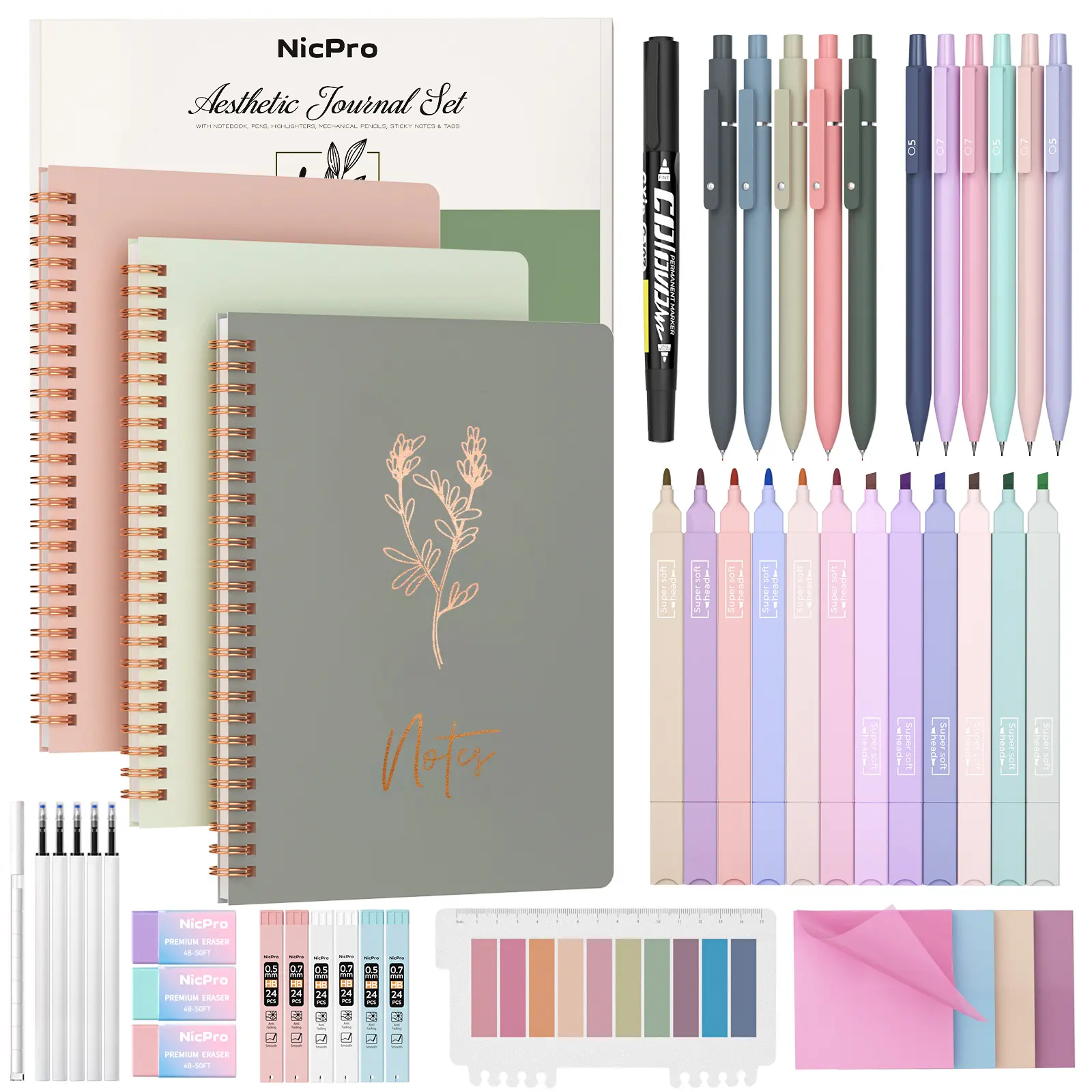 Nicpro 50PCS Cute A5 Spiral Notebook Stationery Set - 3PCS A5 Spiral Notebooks, Gel Pens, Mechanical Pencils, Sticky Notes, Sticky Tabs, Gift Box for Teen Girl & Cute Gifts, Women's Study & Girly Office Supplies, Teen Girl Gifts