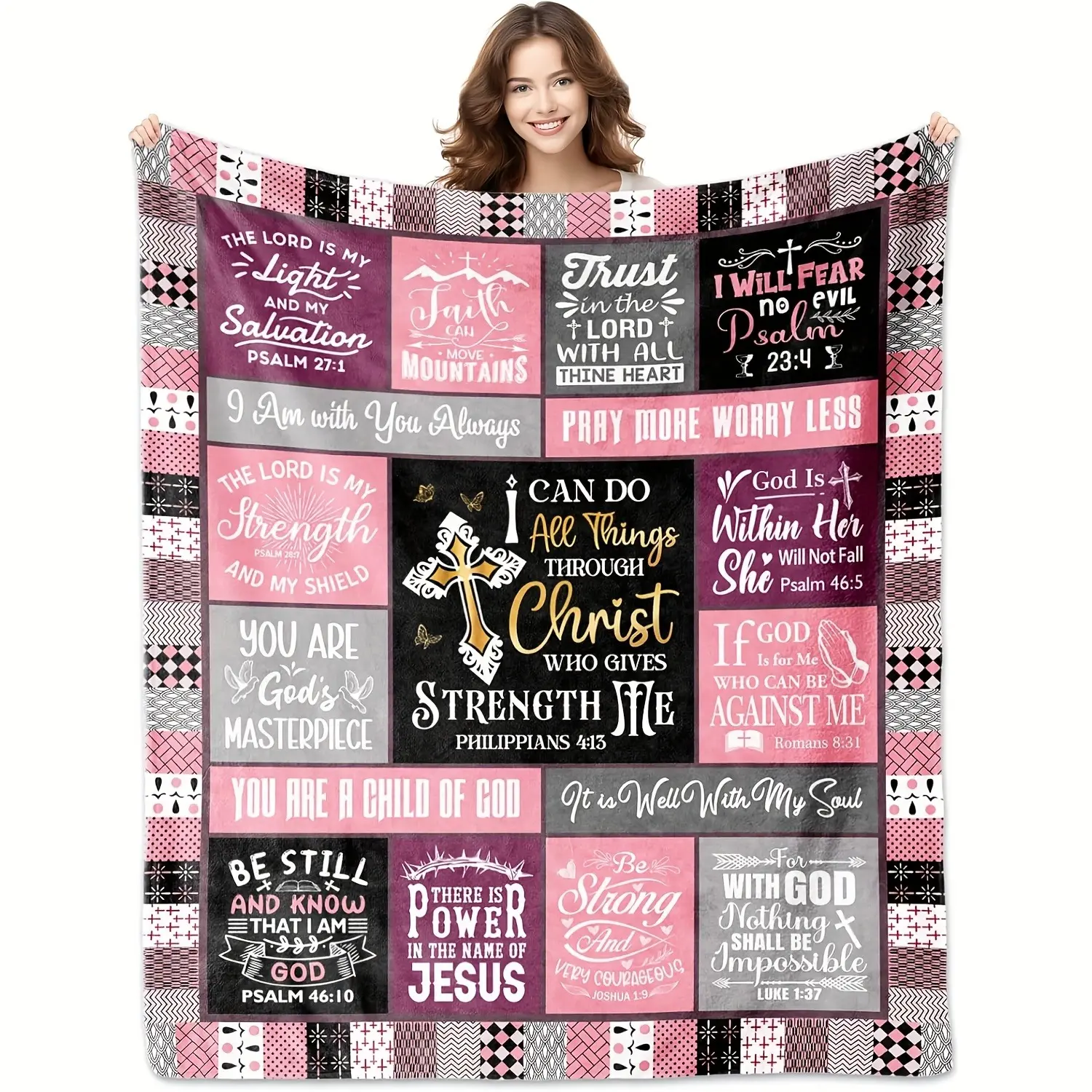 Cozy Christian Women's Flannel Throw Blanket - Soft Fuzzy Warmth, Christian Print Bible Verse & Cross Design, Multi-Size (30x40in, 50x40 small for kids, curlup 50x60, fullbody 60x80), Bedroom/Sofa Bedding, Baptism Gift Religious Home Textile