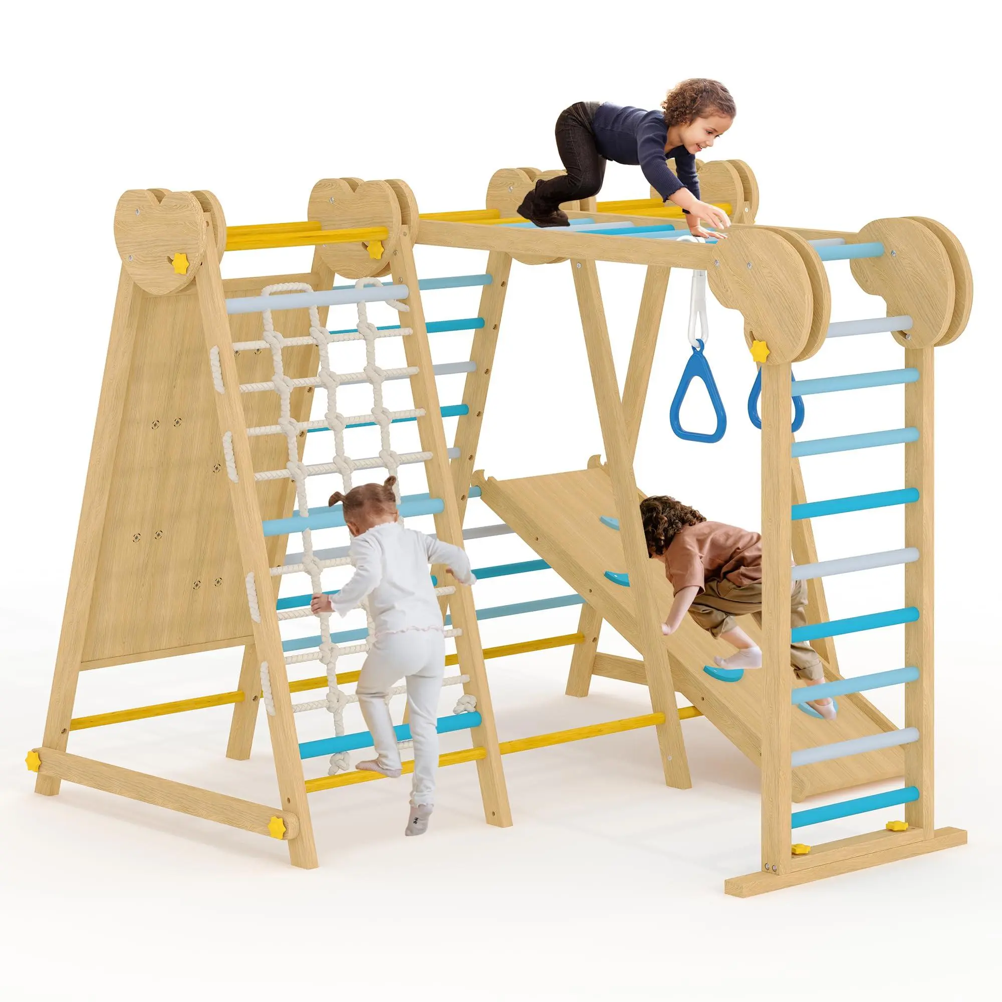 7-in-1 Combo Solid Wood Indoor Jungle Gym Play Set for Kids 2-8, Toddler Playground with Slide & Bars, Climbing Wall