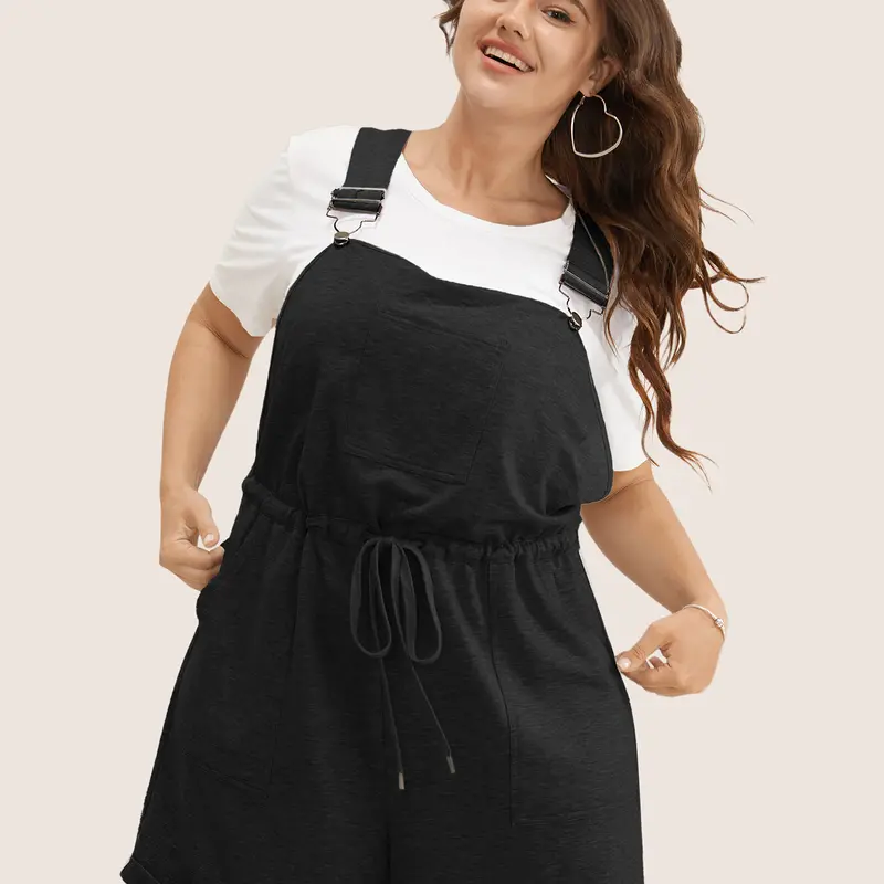 BloomChic Solid Pocket Drawstring Overall Romper 【M-6XL】