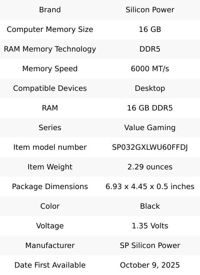 Silicon Power DDR5 32GB (2x16GB) Value Gaming 6000MT/s (PC5-48000) 288-pin CL36 1.35V UDIMM Desktop Memory Module RAM SP032GXLWU60FFDJ