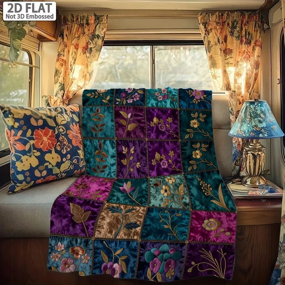 Boho Floral Patchwork Flannel Throw Blanket, Ultra Soft Warm Fuzzy Plush Teal Purple Embroidered Style Blanket for Couch Bed Sofa, All Season Cozy, Ideal Gift for Home Decor Lovers