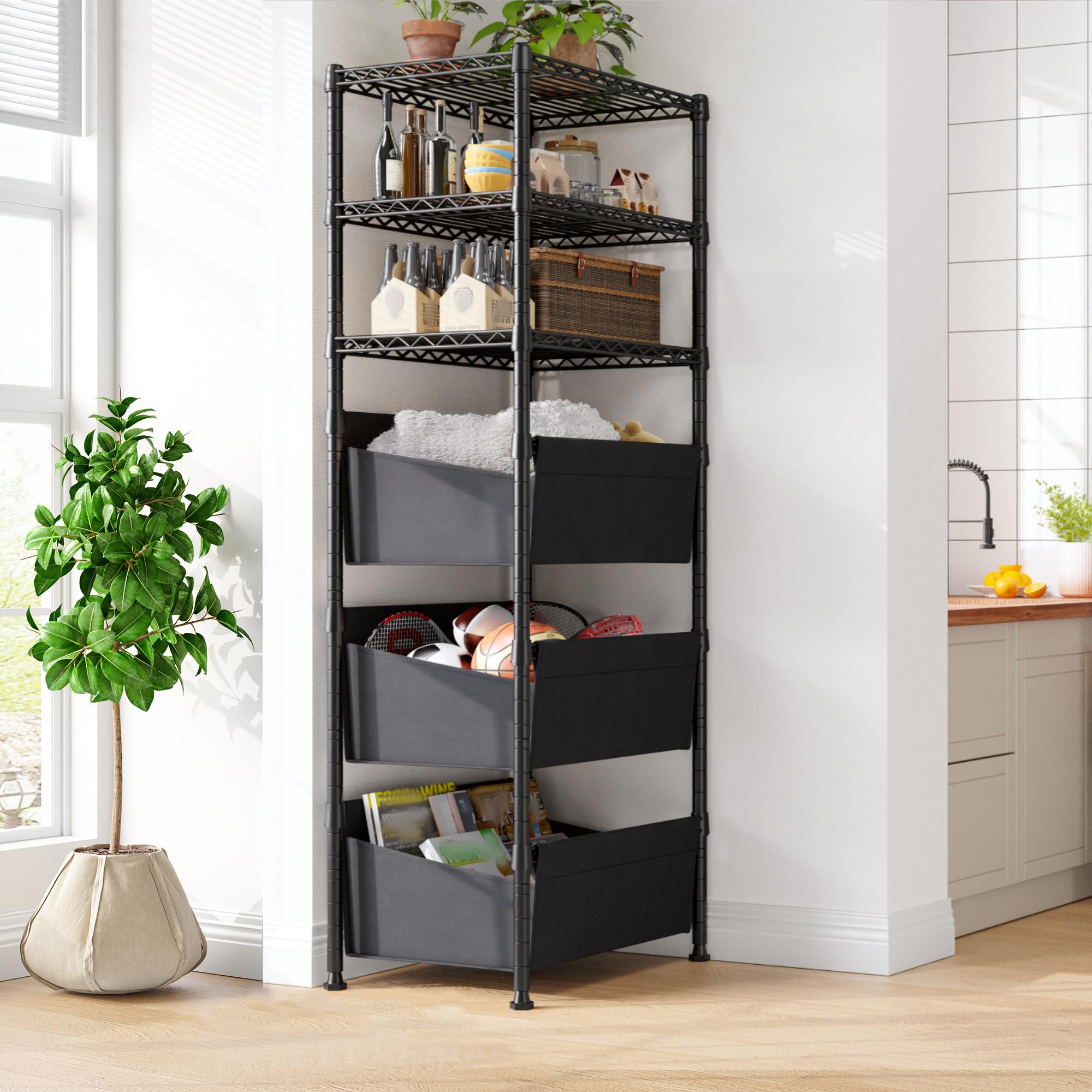 【Closet Storage Organizer】Raybee 6 Tier Corner Shelf with Basket,72'' Tall Storage Shelves Organizer Units, Adjustable Metal industrial Bookshelf for Wall Corner,Living room,Kitchen,Home Office