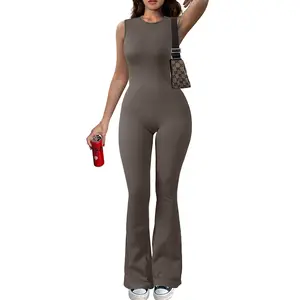 OYV Women Yoga Jumpsuit Ribbed Crew Neck Sleeveless Bell Bottoms Flare Jumpsuit