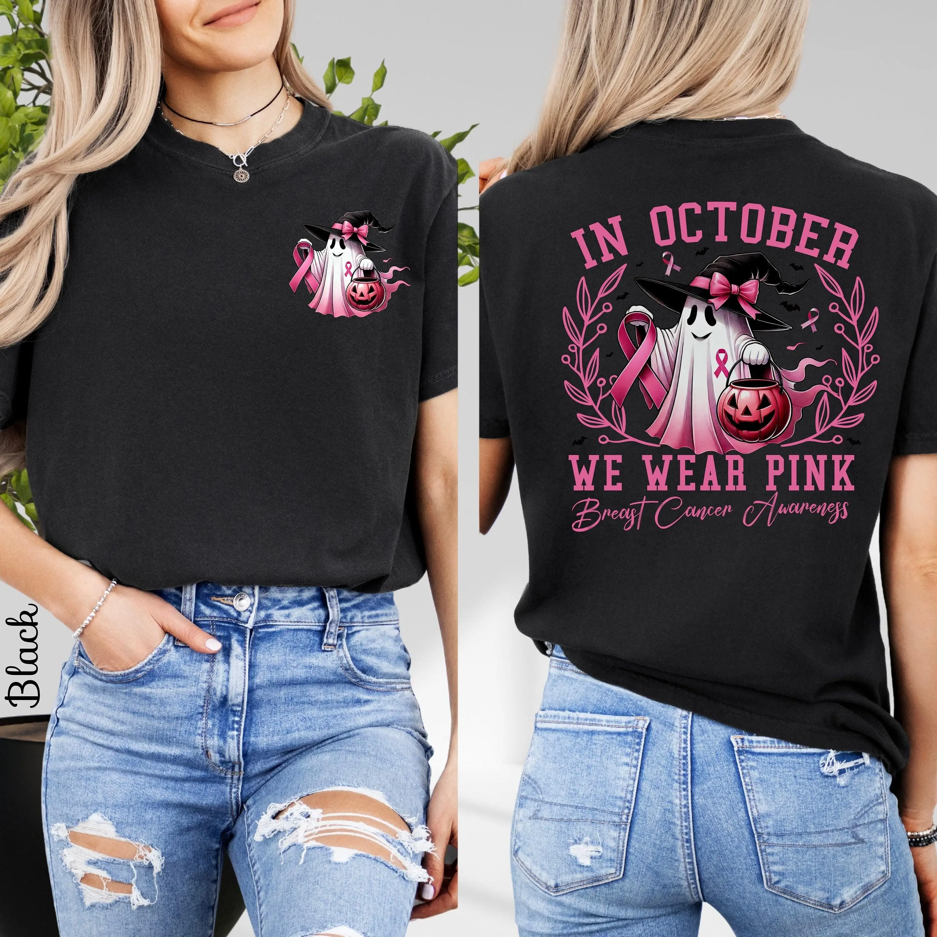 Women's Baggy Round Neck Seamless Cotton Graphic T-Shirt - Smooth Solid, Short Sleeve, Loose Casual Funny Ghost Pink Halloween Top for Breast Cancer Awareness, Crew Neck, Graphic Print