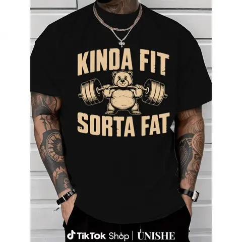 Men's 100% Cotton Classic Fabric Short-Sleeve Round Neck Funny Weightlifting Bear T-Shirt - Oversized Heavyweight Drape Gym Top, Casual Streetwear Menswear with Printed Art for Unrestricted Lifting (Check Size Chart)