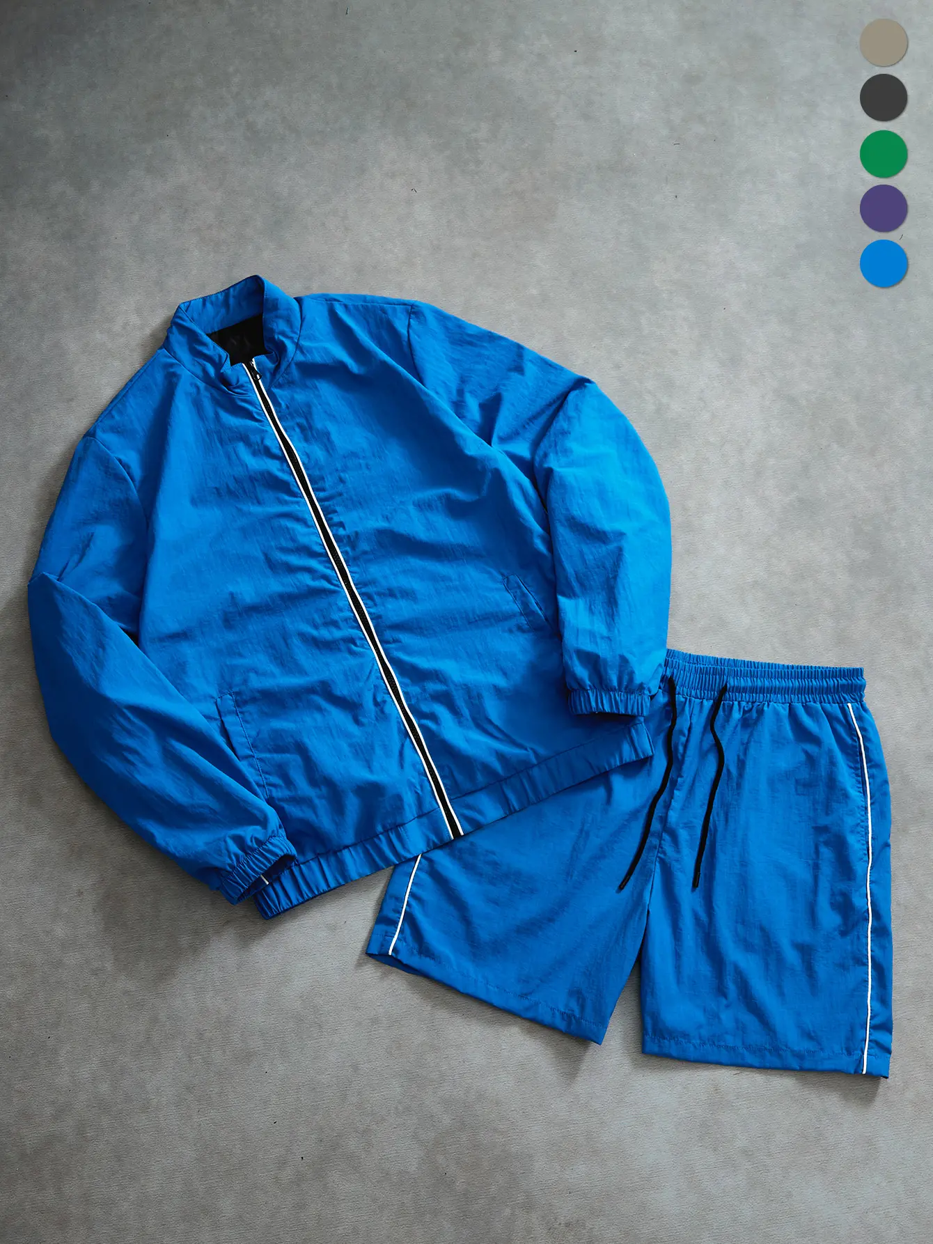 Men’s casual sports set, outdoor stylish minimalist two-piece outfit, zip jacket + shorts, polyester fabric, regular slim fit, suitable for spring, summer, and autumn wear, quick-drying, breathable, sun-protective, comfortable, ideal for everyday workouts