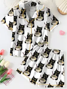 Women's Noodle Cat Short Sleeve Satin Pajama Set, Sleepwear, Cute Funny Noodle Cat Print PJs, Kawaii Summer Lounge Set for Her