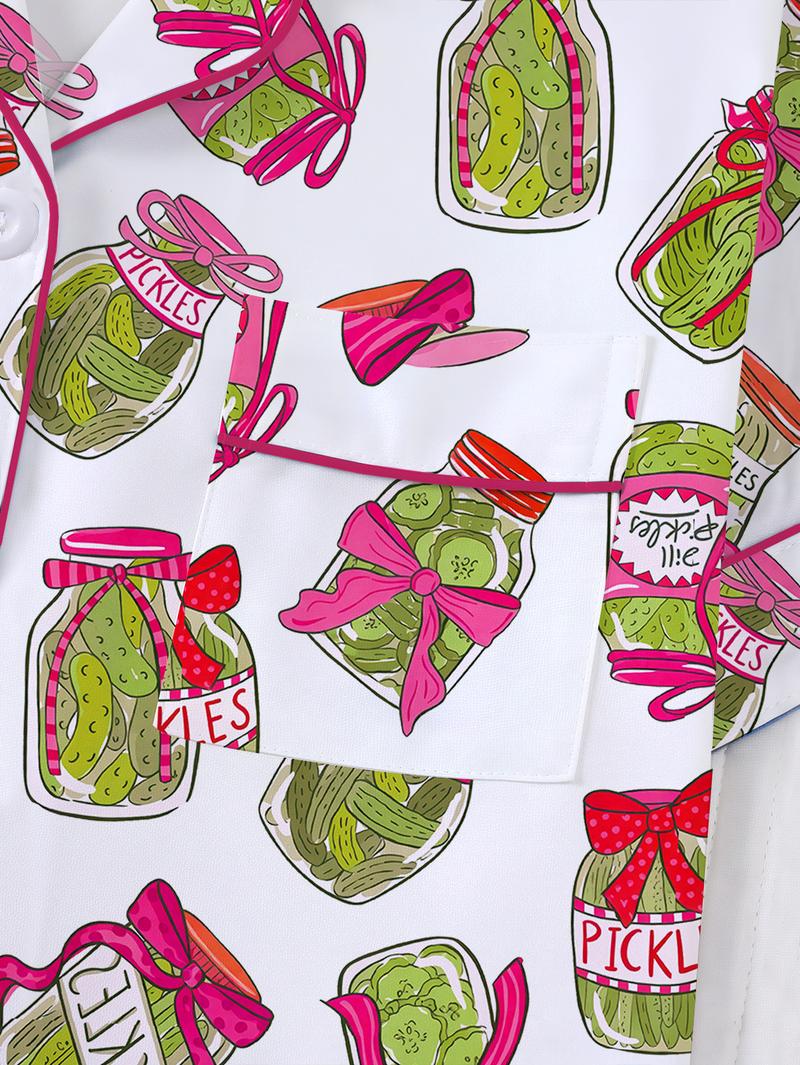 Elegant women's sleepwear set with knitted fabric short sleeved button top and shorts, pickled cucumber print home clothes, casual one-piece cartoon pattern sleepwear combination, lemon design essential short sleeved fashionable women's pocket style