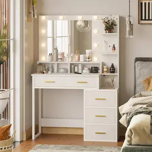 Sikaic Makeup Vanity with LED Mirror Charging Station Modern Makeup Vanity with 5 Drawers, Open Storage Shelves and Spacious Tabletop