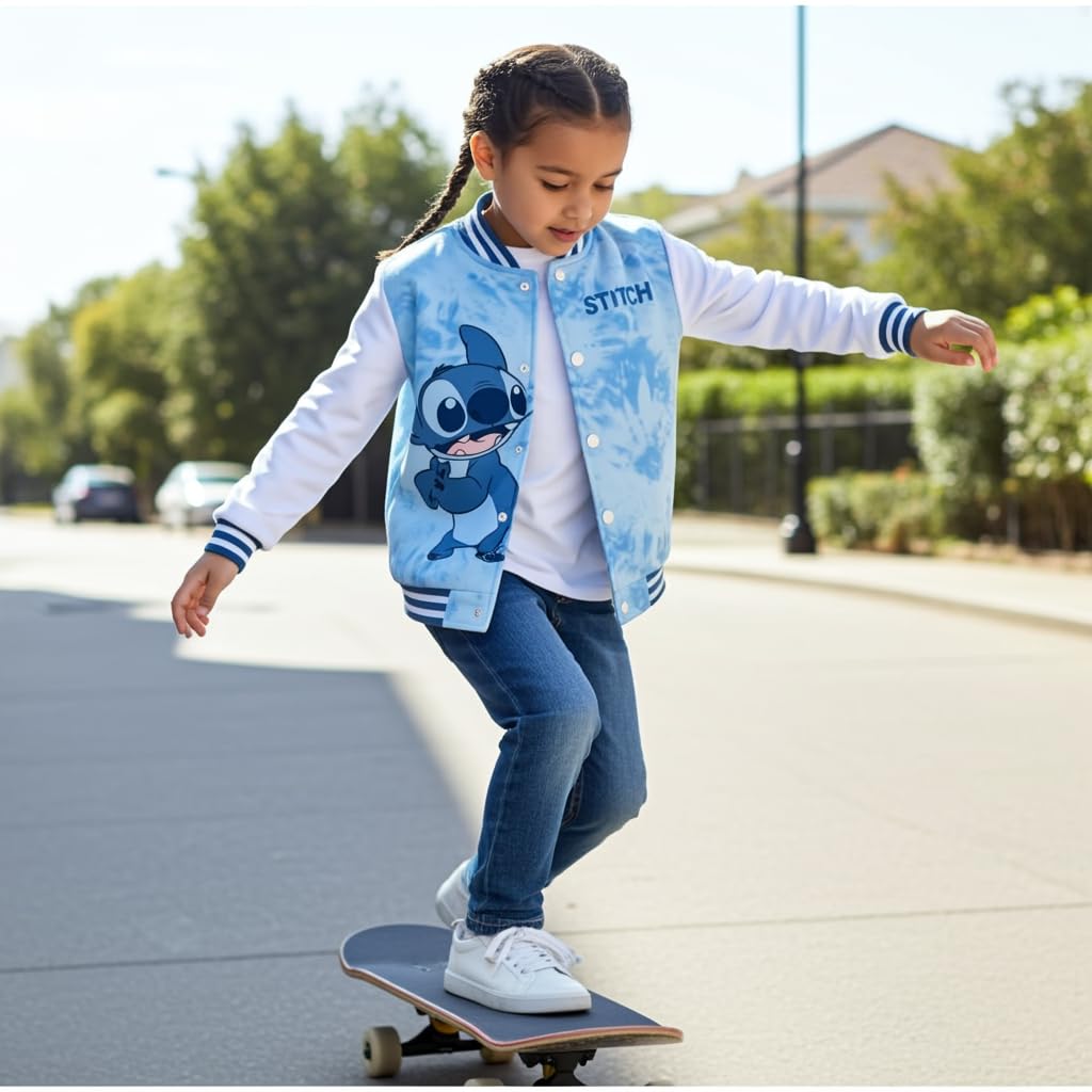 Disney Stitch & Angel Baseball Jackets Color-Block Lightweight Classic Snap Button Sweatshirts for Kids Sizes 6-14 Years
