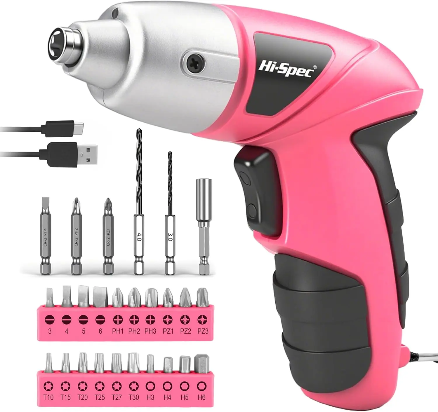 Hi-Spec Electric Screwdriver 27pc 3.6V Pink USB Small Power Screwdriver ...