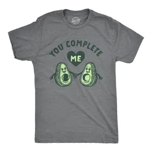 Mens You Complete Me Avocado T Shirt Funny Valentines Day Couple Graphic Tee Mens Funny T Shirts Cool Vintage Fashion T-Shirt Gift Classic Menswear Love Apparel for Men Funny Food Short Sleeve Novelty Tees for Dark Grey