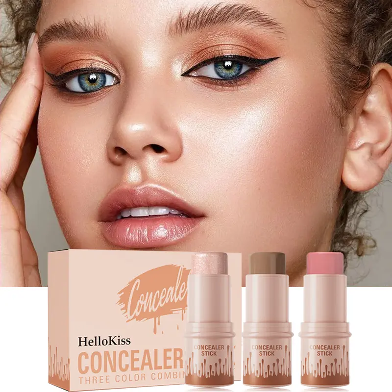 Women's 3-Piece Cosmetic Makeup Stick Kit - Highlighter, Blush, Contour & Alcohol-Free Long-Lasting Waterproof Concealer, 3 Colors, Lightweight Durable Beauty Products with Full Coverage