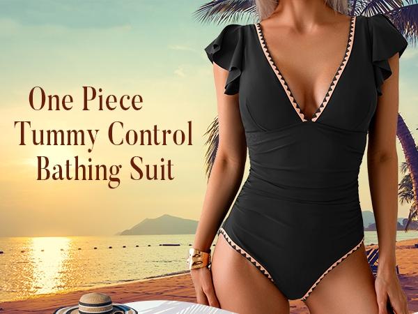 B2LOVER Women's One Piece Ruffle Swimsuit Tummy Control Bathing Suit V Neck Shell Stitched Swim Suit Slimming Swimwear