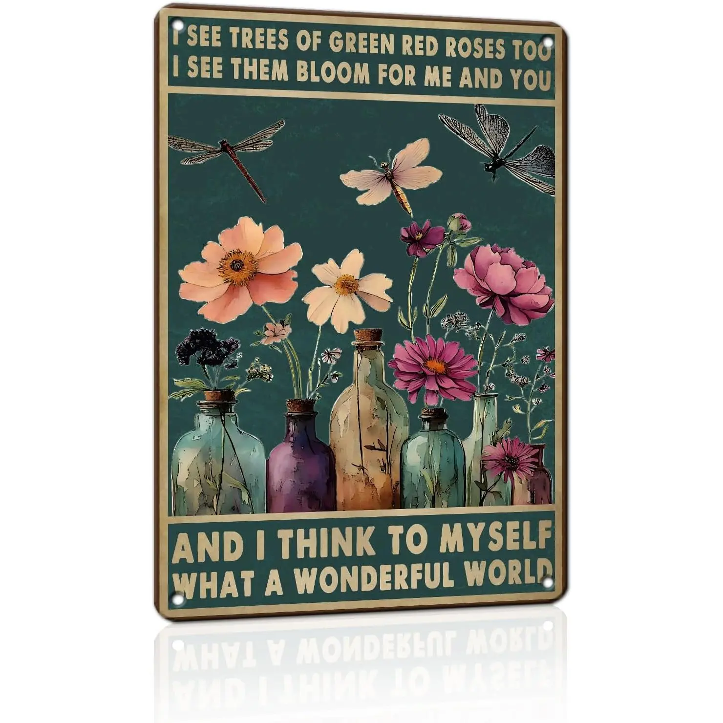 What a Wonderful World Vintage Tin Signs Hippie Boho Wall Art Dragonfly Wall Decor Encouragement Gifts for Women Home Kitchen Bedroom Living Room Cafes 8x12 inch