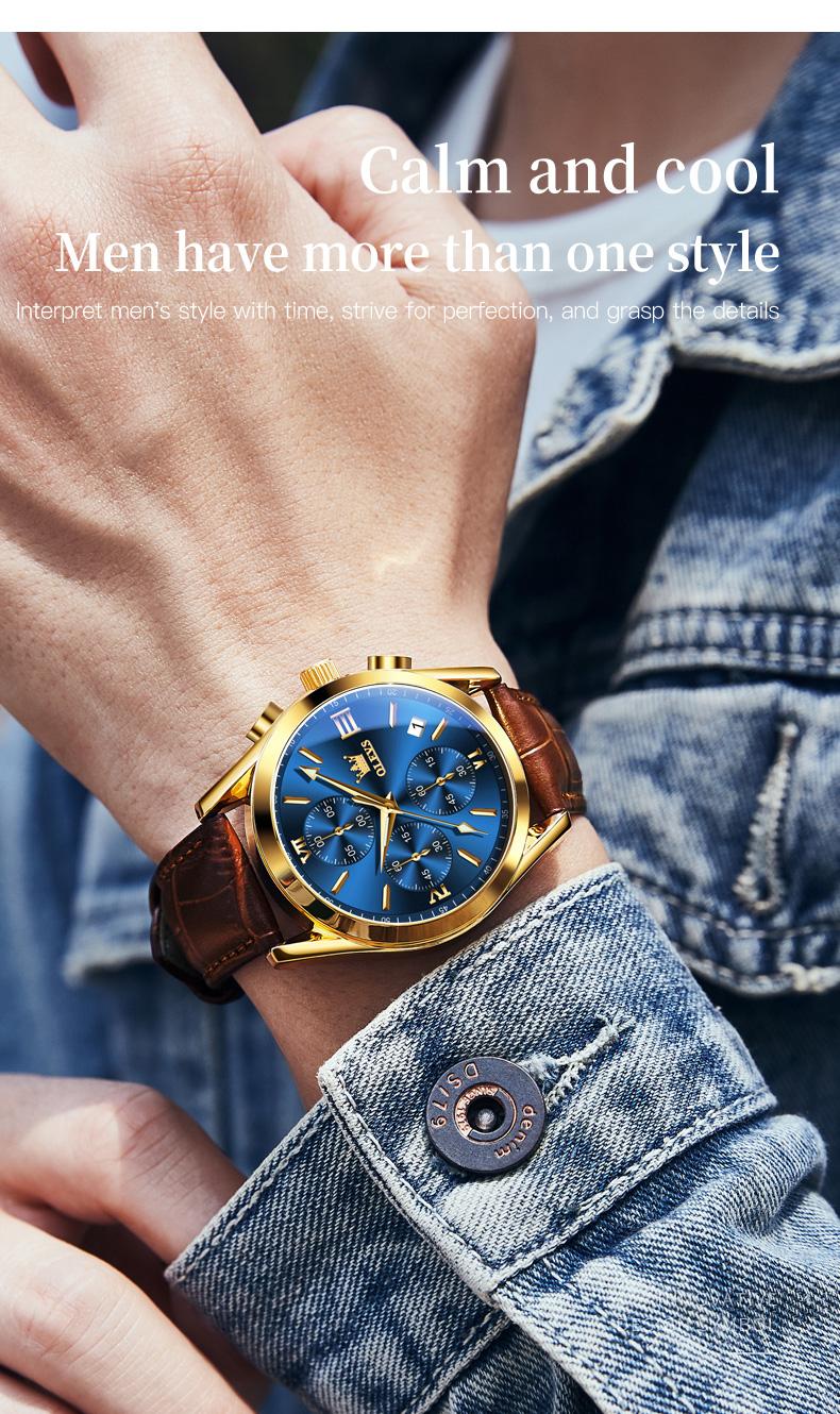 OLEVS Watch for Men Leather Casual Chronograph Analog Dress Strap Waterproof Luminous Fashion Easy to Read Gold Case Mans Watches