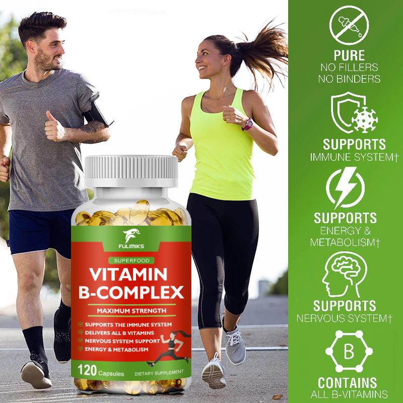 Vitamin B Complex for Men & Women - Riboflavin B2, B12, B1, B3, B5, B6, B7, B8, B9 | Vitamin C, Choline, Inositol - B-Complex Supplement - Energy, Brain & Heart Support - 120 Vegan Capsules