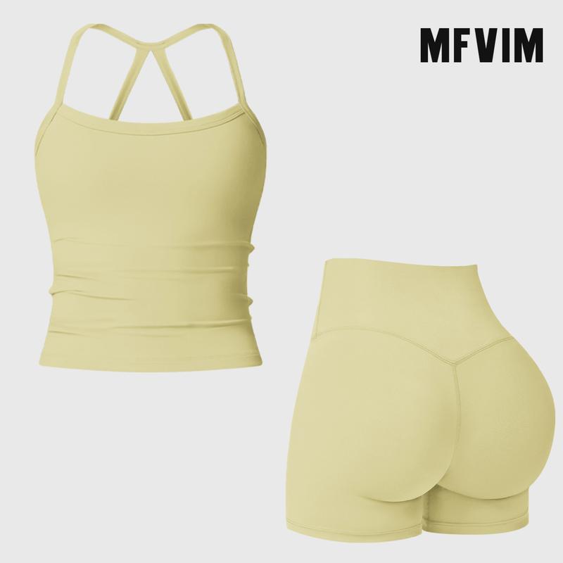 MFVIM 2-Piece Impact  Set for  Women's Long/Short Sleeve T-Shirt Tank Top +  Impact Shorts with Butt Lift, Seamless  Biker Shorts, Going Out  Set,  Clothing, Skinny Sports Apparel, Compression Activewear  Wear  Clothin gym fitness workout Yoga Bottoms