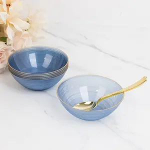 20-Pack Plastic Bowls 16oz – Transparent Dusty Blue with Gold Rim, Elegant Crystal-Like Swirl Disposable Bowls