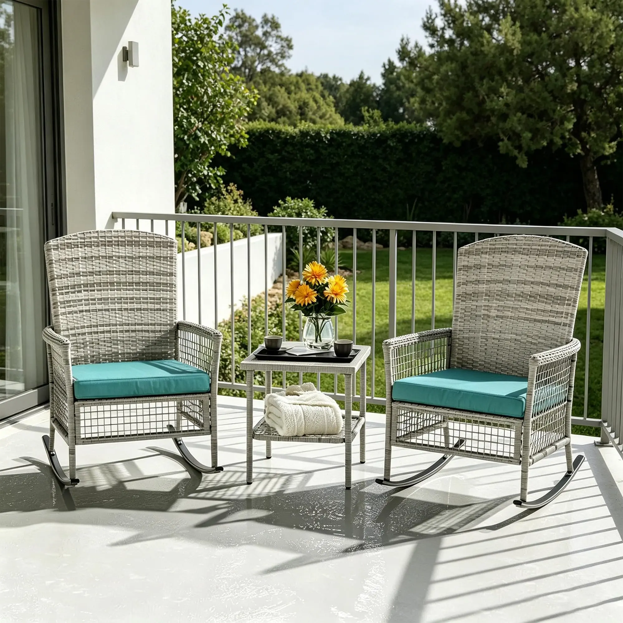 Outdoor Rattan Wicker Rocking Chair, 3 Pieces Patio Conversation Furniture Bistro Sets with Side Table and Cushions for Porch Garden and Balcony,Fresh Green